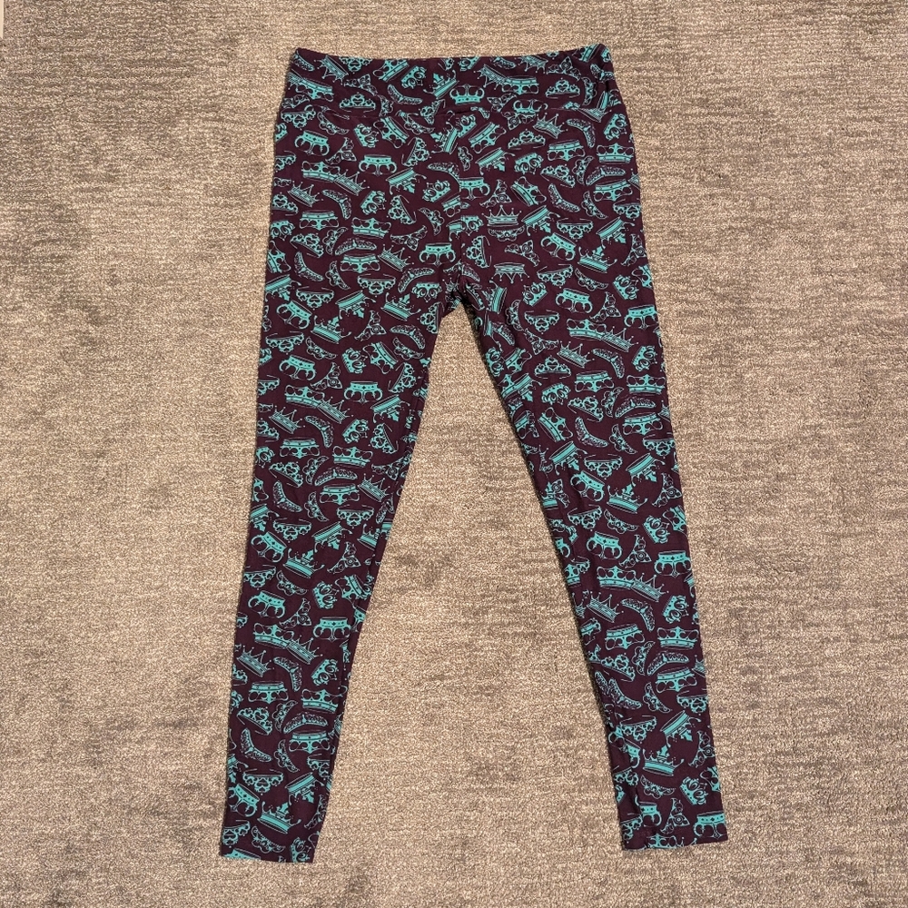 Lularoe Teal Purple Crown Patterned Leggings - Tall & Curvy TC